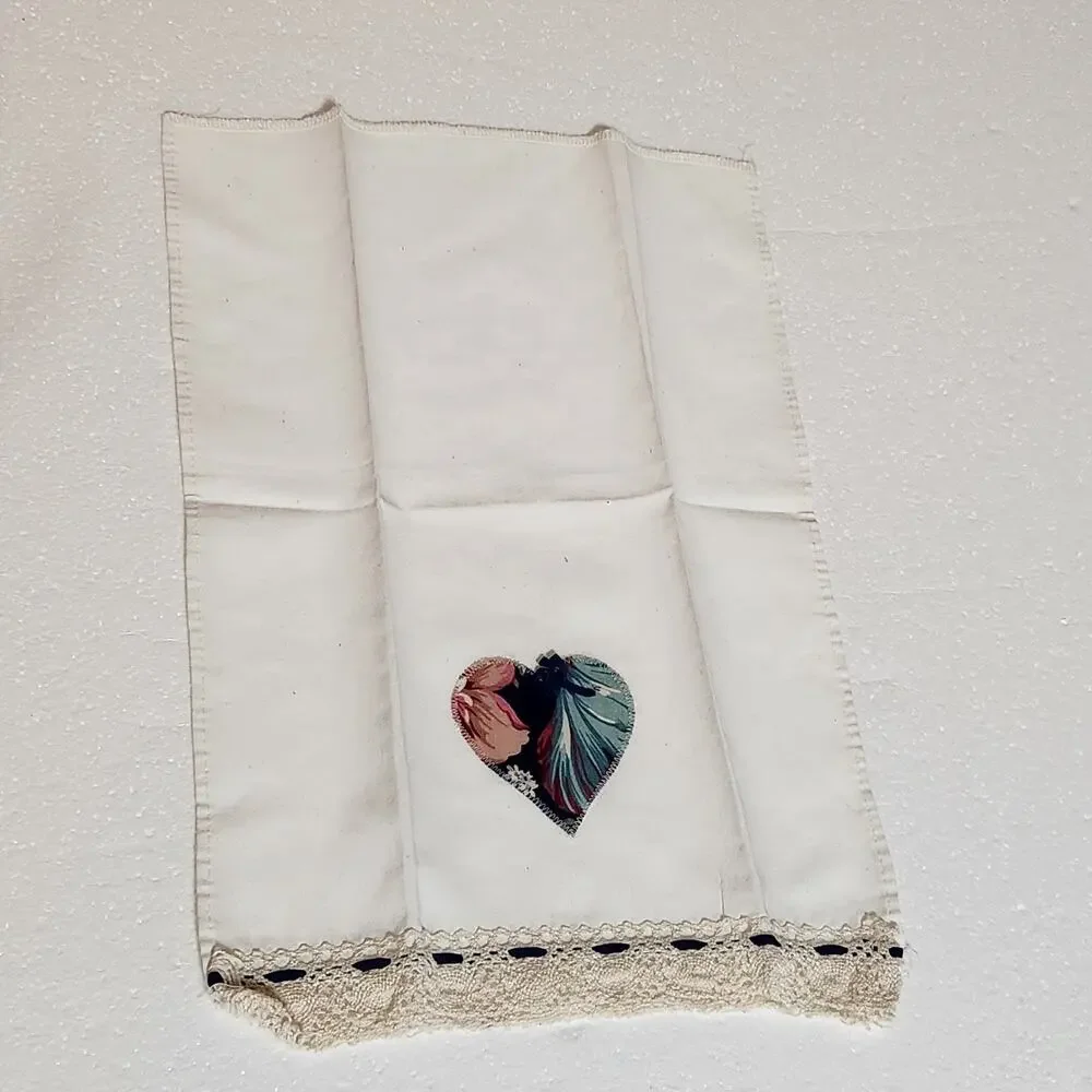 VTG Cottage Tea Towels 4 Heart Flowers Linen Kitchen Colorful Grandma Country